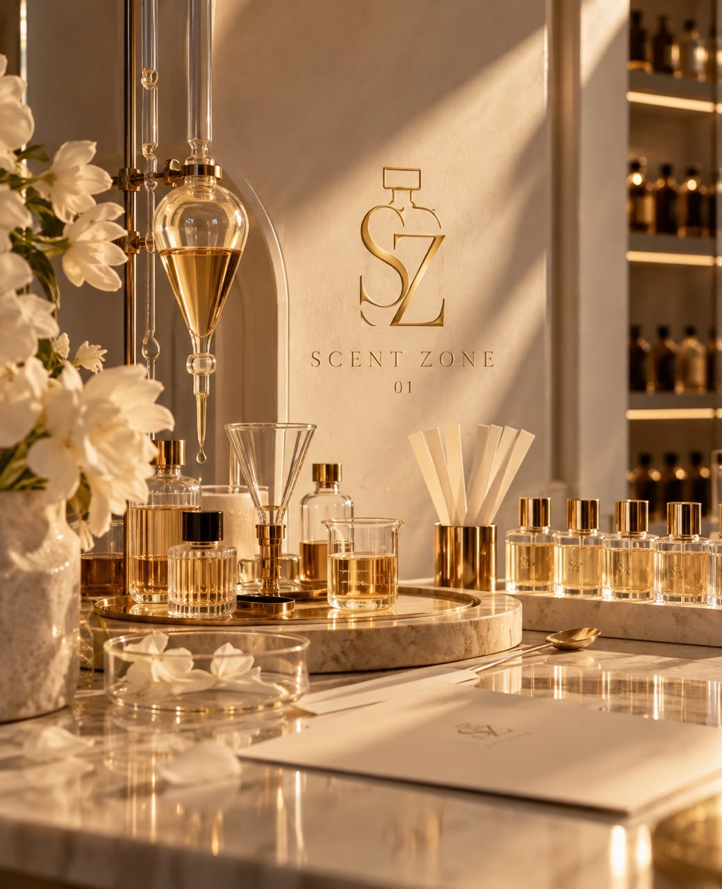 The Scent Zone 01 logo in gold on the atelier wall, above a marble bar of perfume bottles, beakers and scent strips