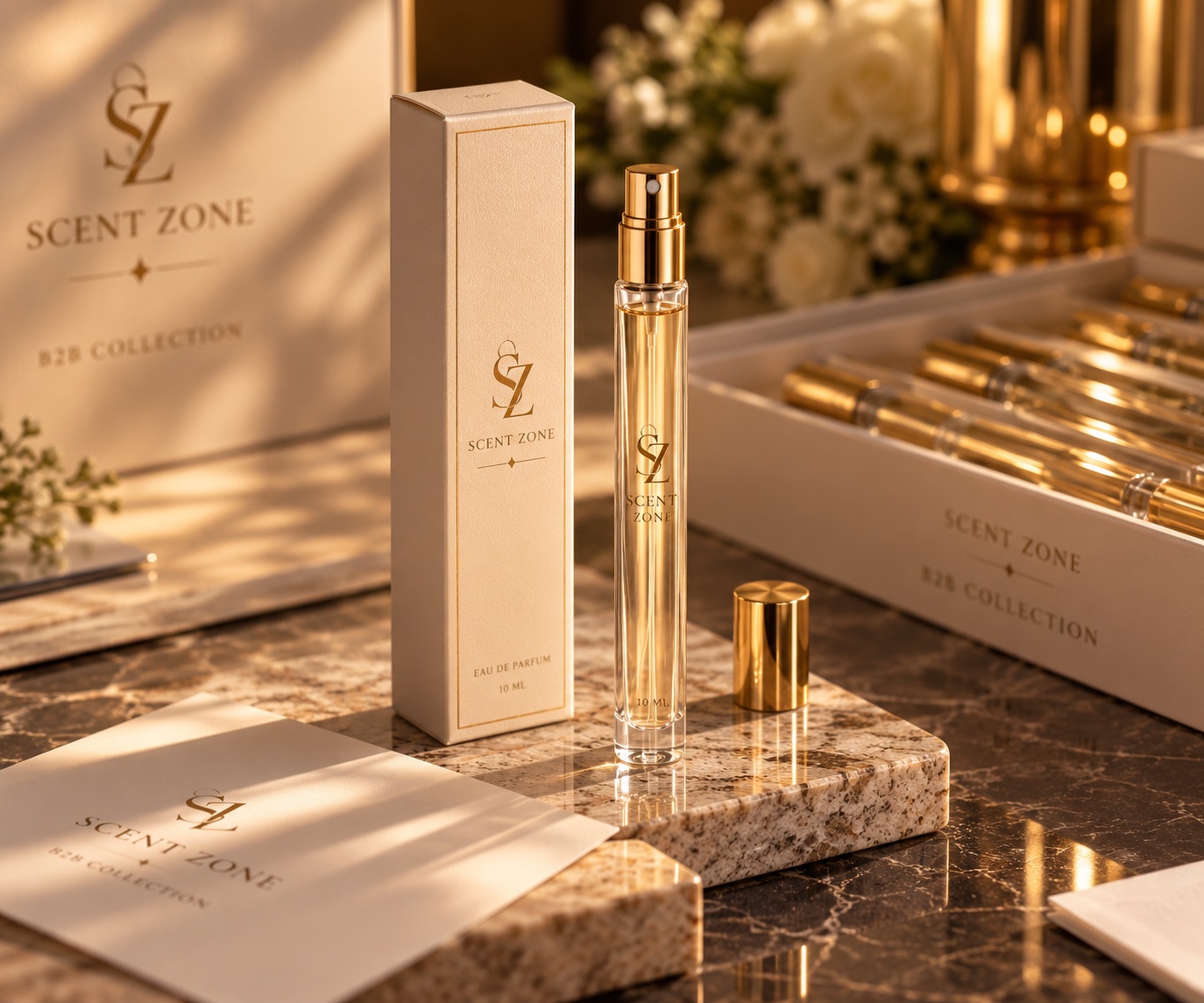 A 10 ml Scent Zone spray beside its cream box, with a tray of bottles from the B2B collection