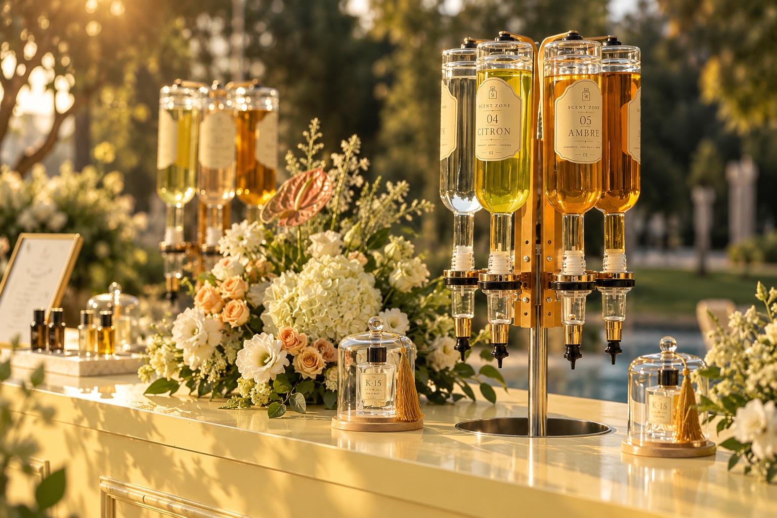 The Scent Zone carousel of perfume bottles on a white bar at sunset, with flowers and two bell-jar bottles