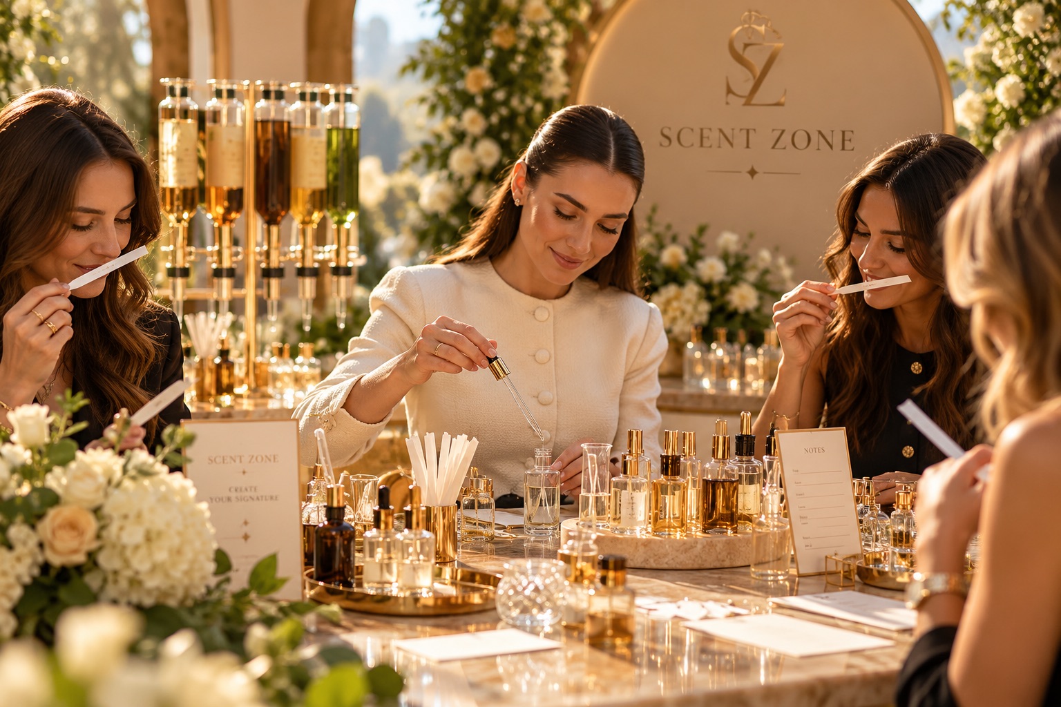 Guests at a Scent Zone workshop smelling paper strips while one adds drops to her bottle